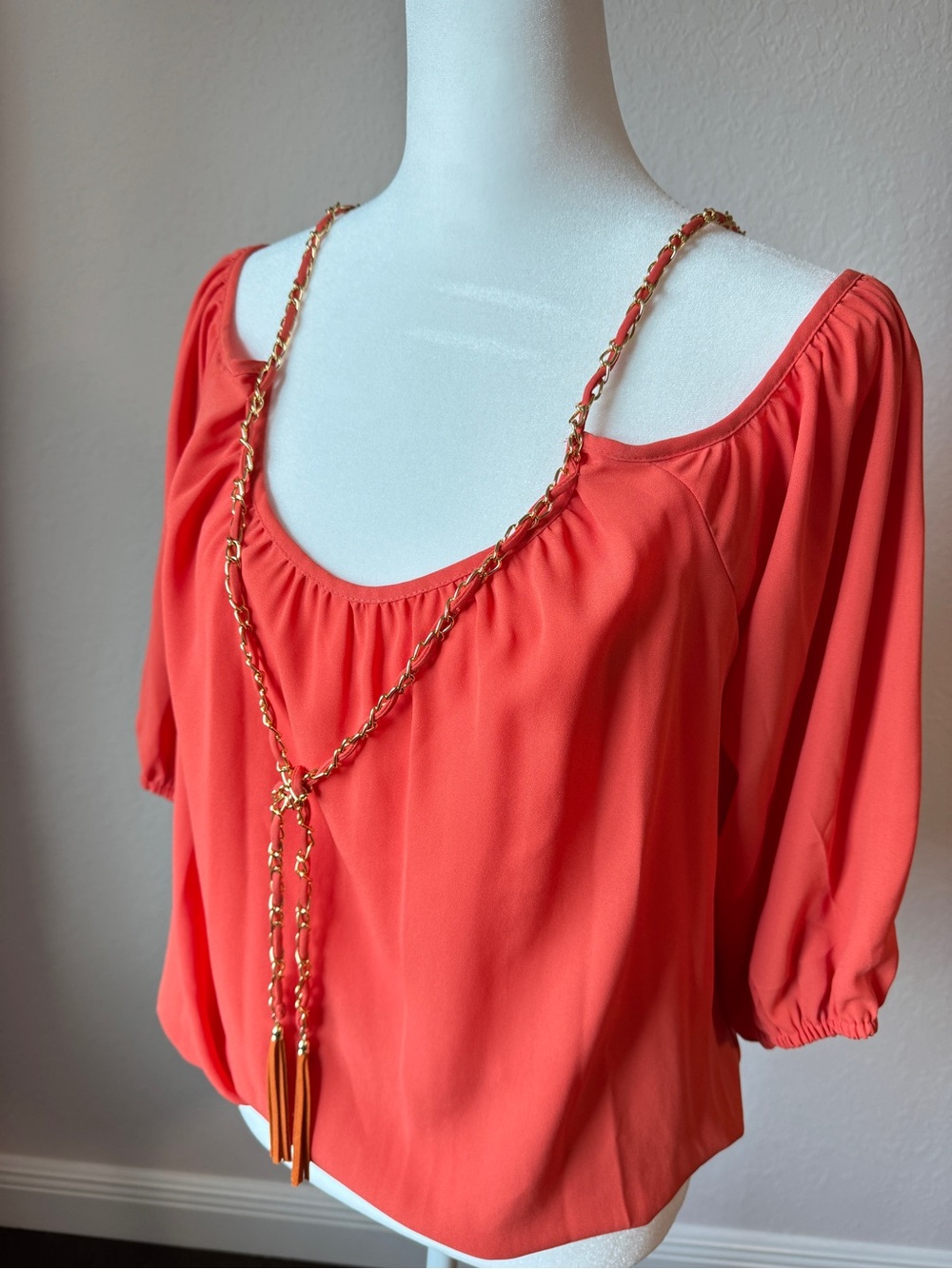 Thalia Sodi Coral Chain Strap Cold Shoulder Blouse Large